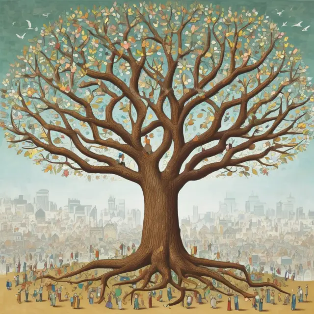 A giant tree adorned with ten blossoms representing the UN Global Compact