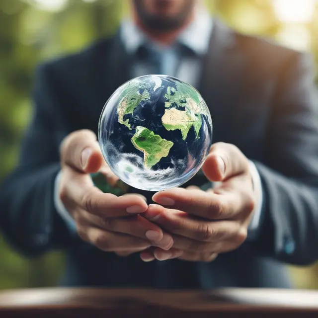 An investor gazes into a crystal ball, observing ESG principles reshaping a world map