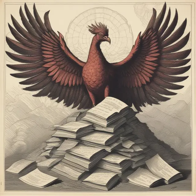 Phoenix rising from documents, representing the UN Principles for Responsible Investment (UN PRI) and its role in transforming financial decision-making through a focus on ESG factors.