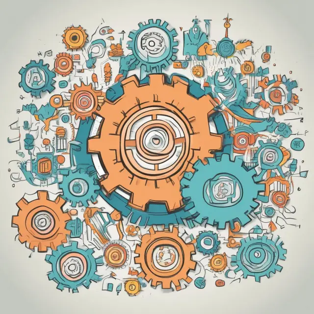 Interconnected gears symbolizing the six UN Principles for Responsible Investment, representing environmental, social, and governance factors in sustainable investment.