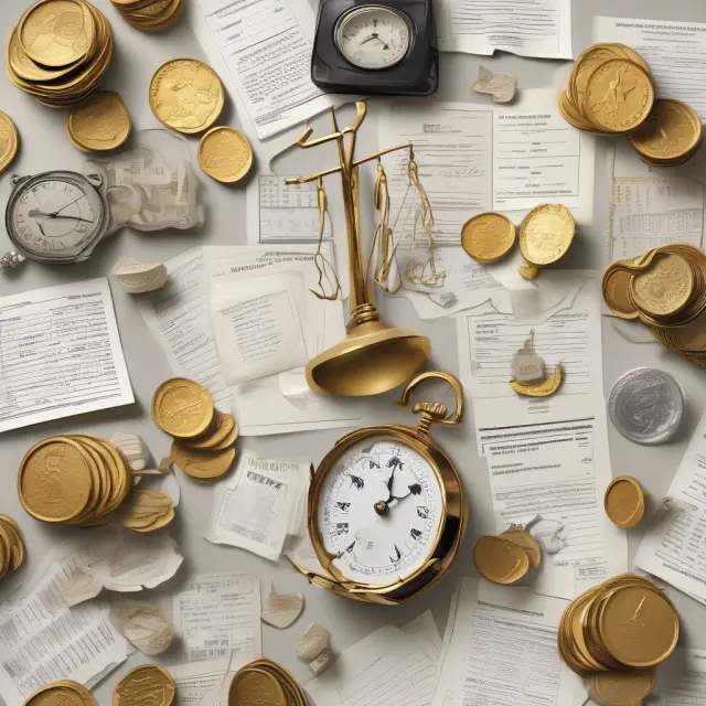 Golden scales balanced with gold coins, mortgage documents, tax papers, and a clock symbolizing purchase price, assumed liabilities, assets transferred, and closing costs