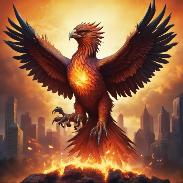 A phoenix, symbolizing the insurance industry, emerging from a blend of stock, bond, and real estate flames. Illustrating insurers