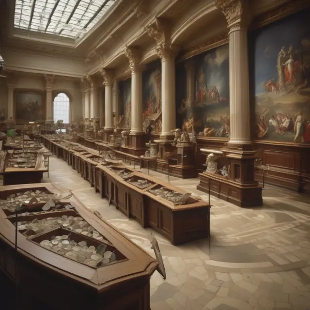 An image of a river meandering through a museum, with key milestones in the history of ULAEs represented by exhibits along its banks