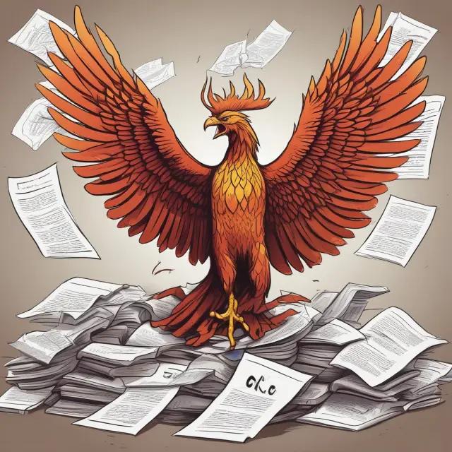 Phoenix rising above insurance papers, illustrating the future evolution of ULAEs as insurers adapt to technology and regulations