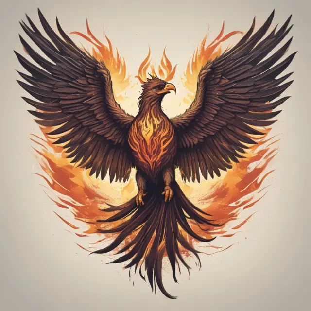 A mythical phoenix with shield in hand rises from the ashes of burnt insurance policies, representing policyholder