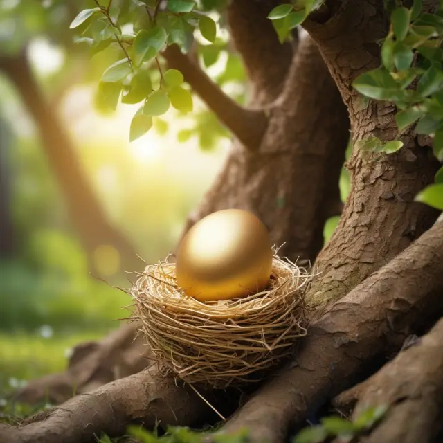 A golden egg resting in the branches of an abstract investment tree, symbolizing the cash value component in unbundled life insurance