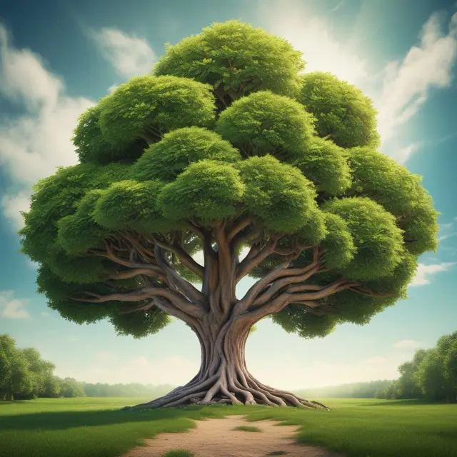 A universal life insurance tree with adjustable premium leaves and roots that grow investment opportunities, symbolizing the transparency, flexibility, and tax advantages of this type of policy.