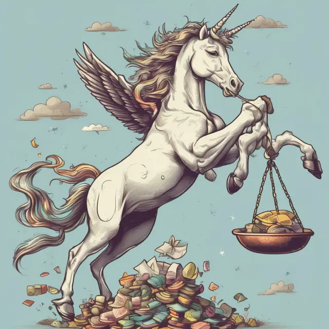 A unicorn carefully considering its investment options on a scale, representing selecting a suitable unbundled life insurance policy.