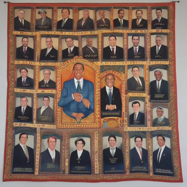 A tapestry depicting portraits and achievements of influential UNC Kenan-Flagler Business School graduates, including Hugh McColl, Jason Kilar, and Michele Buck