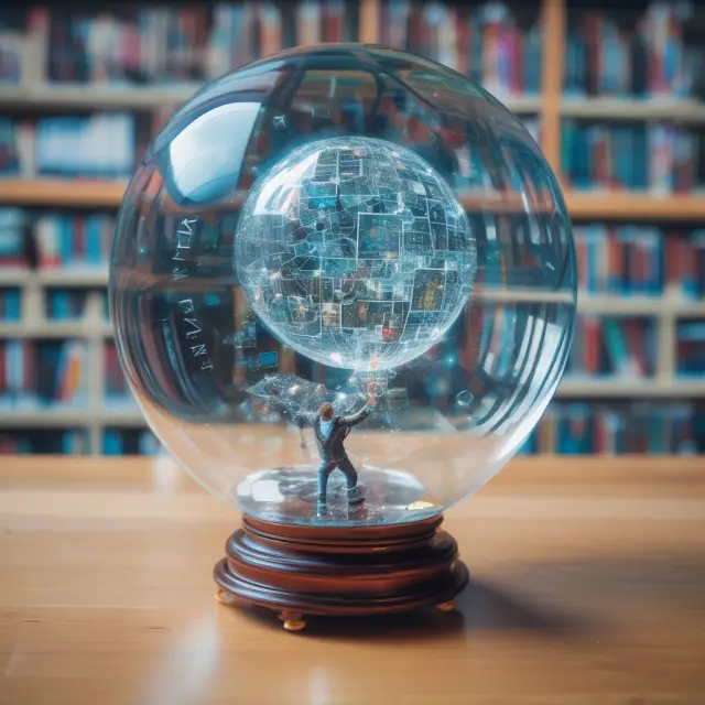 Crystal ball filled with tech gadgets symbolizing future trends in UNC Kenan-Flagler Business School, including technology integration, experiential learning, globalization, and social responsibility