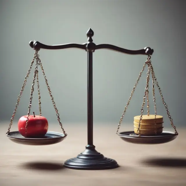 Two scales balanced, illustrating unchanged prices in finance. No weight difference symbolizes stability.