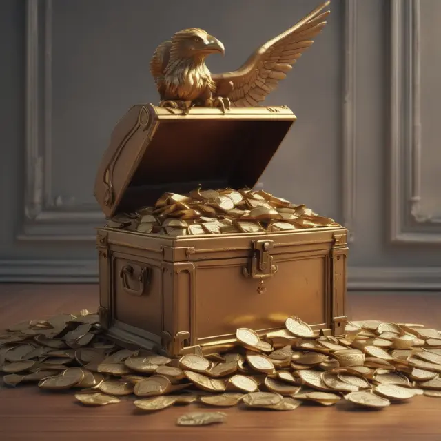 An ornate treasure chest filled with gold coins and banknotes represents unclaimed funds. A vigilant eagle statue guards the chest, symbolizing governments protecting these valuable assets.