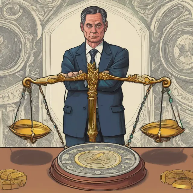 Scales holding a pile of gold coins balanced against a masked figure, symbolizing the struggle between verifying unclaimed funds and identifying potential scams