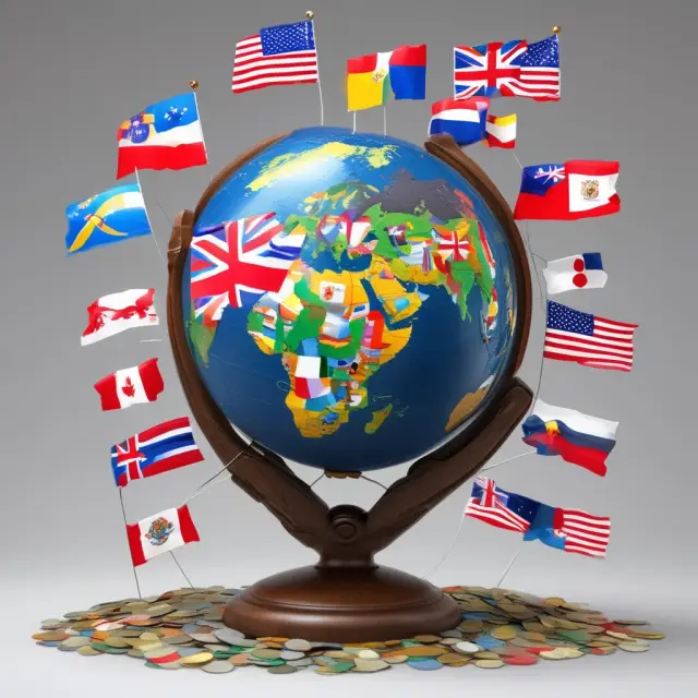A golden globe surrounded by country flags releasing gold coins symbolizing unclaimed funds and assets in various nations