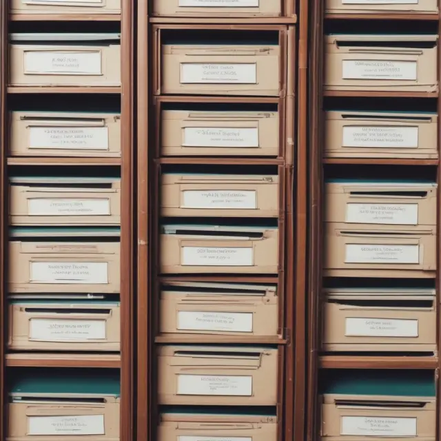 Image of an orderly filing cabinet containing labeled folders for maintaining financial records and communication, symbolizing effective record keeping to avoid unclaimed funds