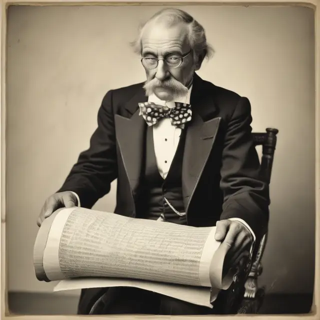 An older gentleman, symbolizing Uncle Sam, unfurls a scroll depicting his evolution from Brother Jonathan to a synonym for the U.S. government. Historical context includes red bow tie and goatee.