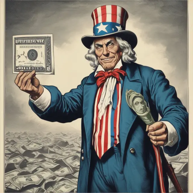 Image: Uncle Sam personified as a towering figure, extending a giant dollar bill