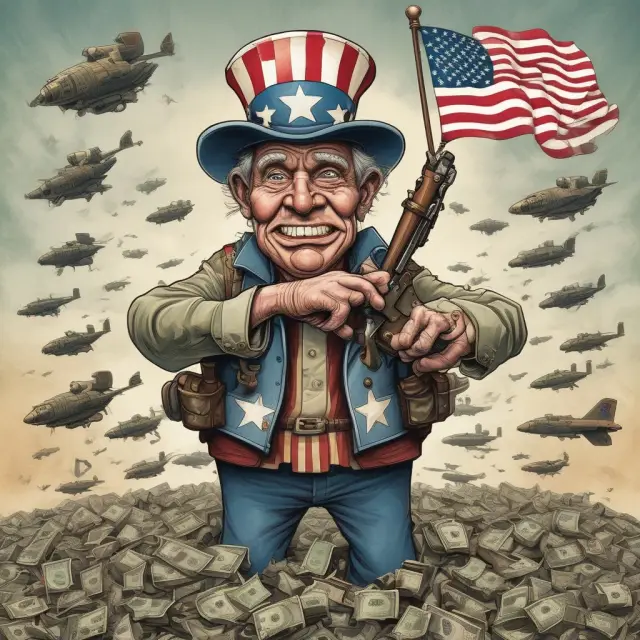 Uncle Sam depicted as an economic engine driving growth through military spending, war bonds, and regulatory control via the Federal Trade Commission