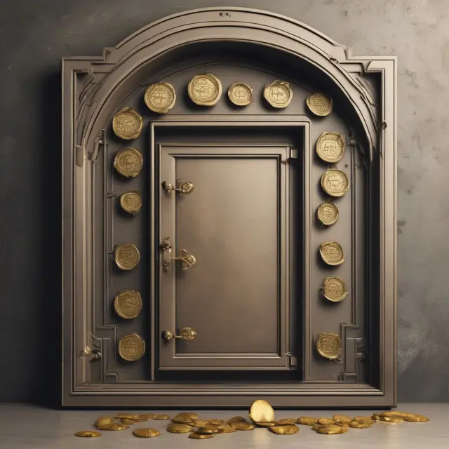 A vault containing gold coins and checks, illustrating how uncollected funds protect banks and customers against fraudulent activities