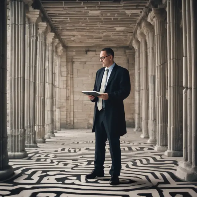 A businessperson sailing through a maze of regulatory papers, symbolizing the complexities and importance of compliance for uncommitted facilities.