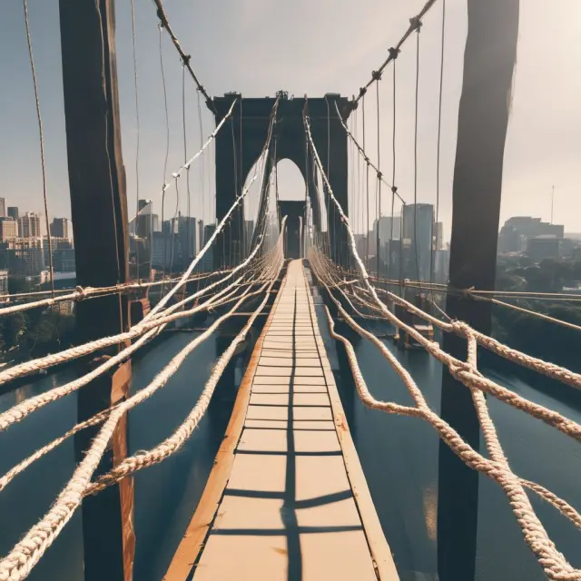 Businessperson crossing a flexible, elastic rope bridge over financial challenges, representing the adaptability and ease of uncommitted facilities