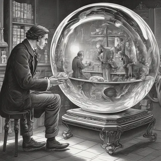 Parent company with interconnected subsidiaries shown in a crystal ball, illustrating unconsolidated financial reporting