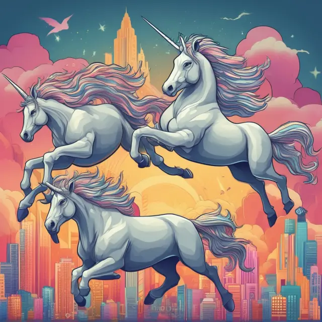 Three mythical unicorns flying above diverse financial charts, representing Bridgewater Associates, Winton Capital Management, and Two Sigma