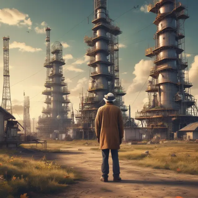 Time traveler observes a modern fracking site utilizing directional drilling and reduced water usage for efficient and eco-friendly extraction