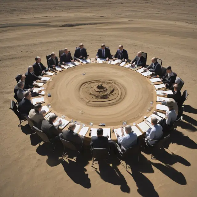 Regulatory officials discussing responsible extraction methods for unconventional oil (fracking, oil sands) at a roundtable. Scenic background featuring oil sand formations.