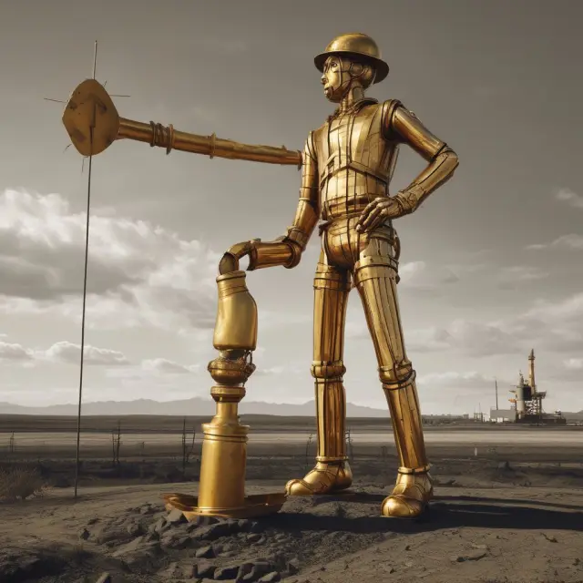 A golden driller standing atop fractured land represents the economic potential of unconventional oil extraction methods like fracking and oil sands production.