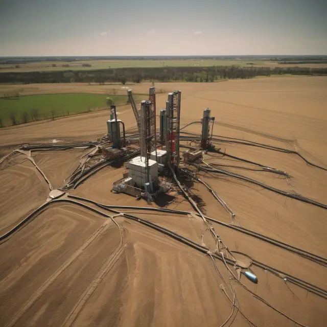 A network of fracking wells symbolizing the questions and answers surrounding unconventional oil extraction, rooted in both environmental concerns and innovative solutions