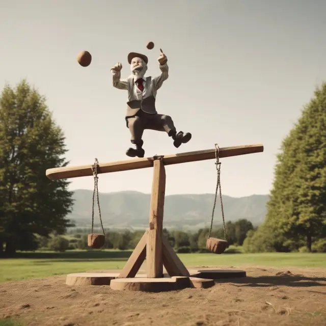 Two interest rates depicted as dancers on a seesaw, demonstrating the dynamics of uncovered interest arbitrage and interest rate parity theory.