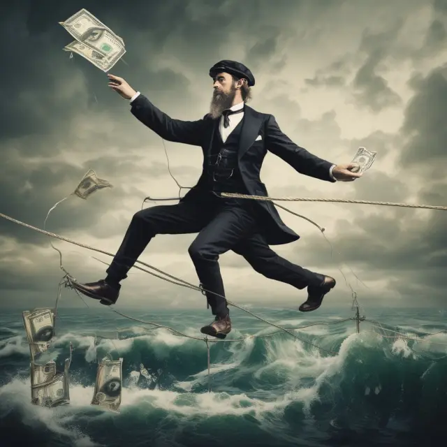 Juggler balancing on a tightrope, representing uncovered interest arbitrage risks: foreign exchange risk, interest rate risk, liquidity risk, and transaction costs.