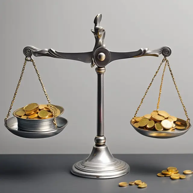 A balance scale weighing gold and silver coins symbolizing currency hedging techniques used to minimize risk in uncovered interest arbitrage transactions.