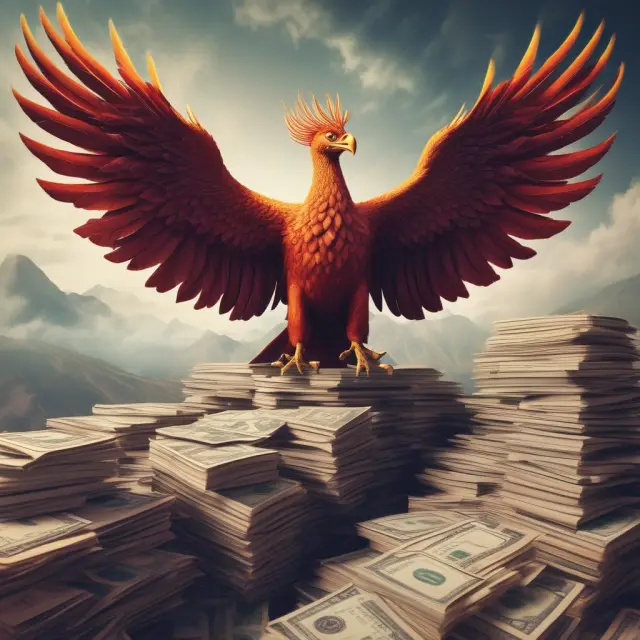 A Phoenix emerging from a pile of financial records, signifying profitable uncovered interest arbitrage transactions.