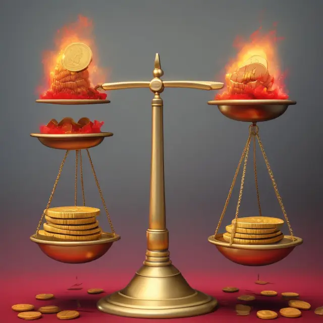 An image of a balance scale with gold coins representing potential profits and red flames signifying maximum losses for uncovered options.
