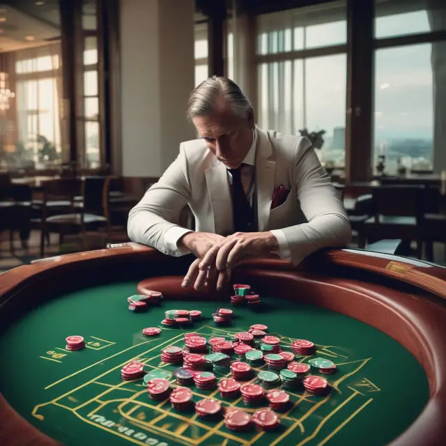 An experienced investor at a roulette table writes uncovered options with chips, representing high-risk strategies in the stock market.