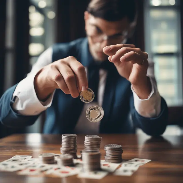 Gambler tosses a coin with an option contract at stake, representing the significant risks involved in writing uncovered options