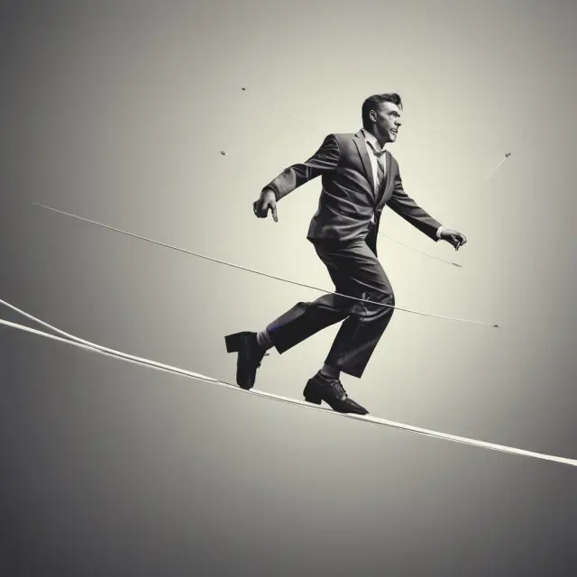 A person balancing on a tightrope above financial charts symbolizes the risk of writing uncovered options