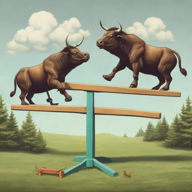 Bulls and bears on a seesaw representing interest rates balancing exchange rates in UIP