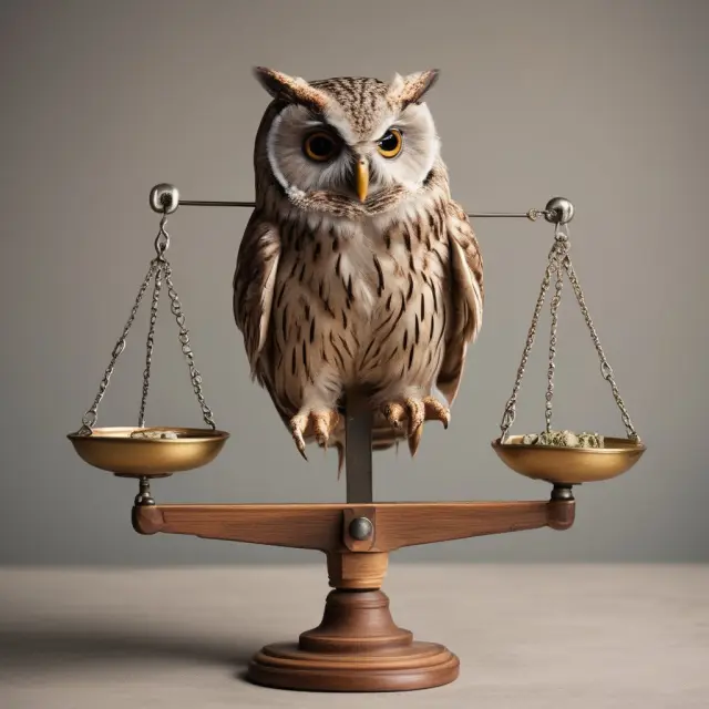 Owl symbolizing interest rate theory sits atop a balance, with exchange rates and UIP concept diagrams below