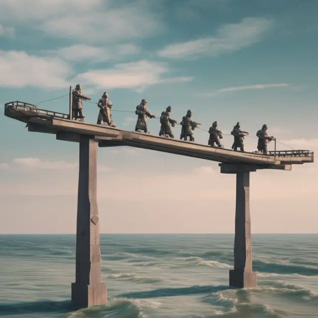 A balancing act of interconnected currencies on a see-saw bridge representing UIP