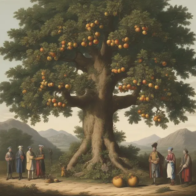 An ancient, timeless tree producing gilt-edged fruits, symbolizing the historical significance and perpetual nature of undated financial instruments.