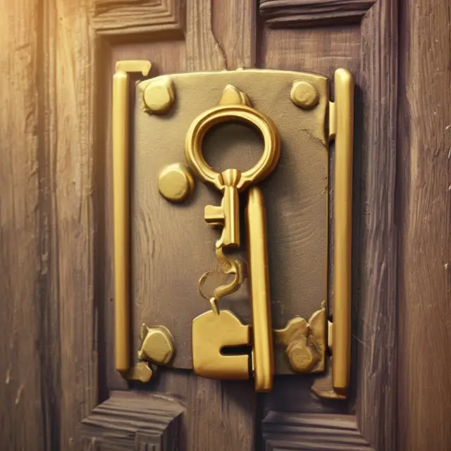 A golden key opening doors to various banking services, symbolizing the benefits of traditional banking for underbanked individuals