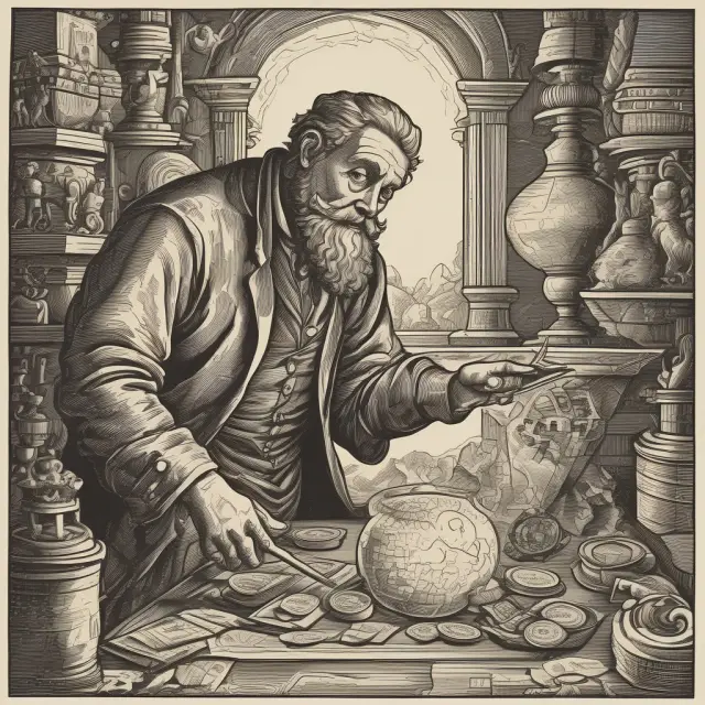 A financial alchemist sifting through piles of gold and documents, unveiling hidden treasures representing undercapitalized companies while analyzing financial ratios.