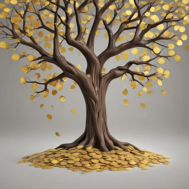 A withered tree surrounded by gold coins, symbolizing a company
