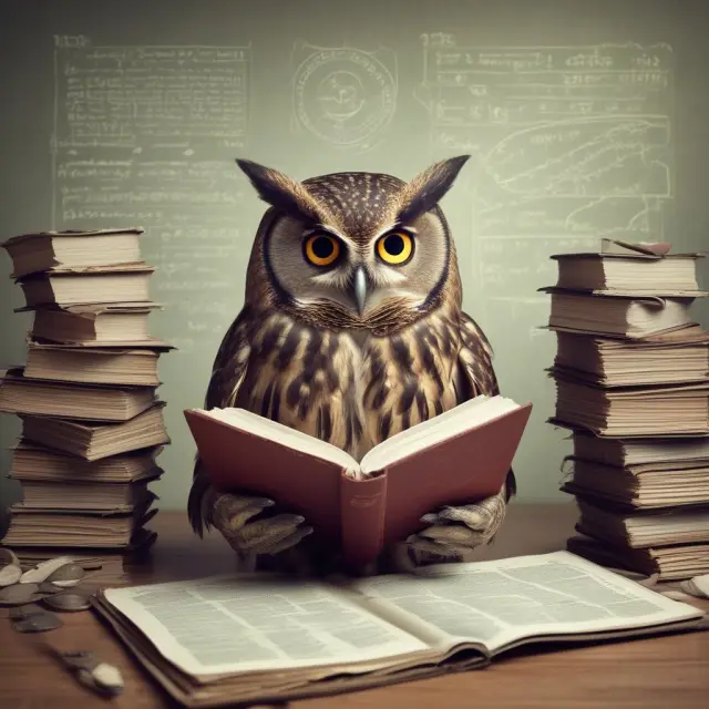 A wise owl studying financial ledgers while guarding a pile of gold coins, representing smart capital planning and maintaining adequate reserves.