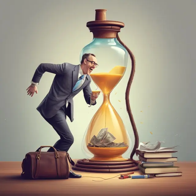 An entrepreneur pours business ideas from an hourglass over a table, but an adjacent purse leaks money, symbolizing the challenges of undercapitalization in small businesses.