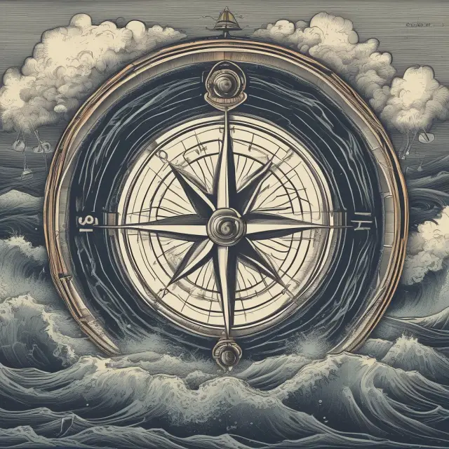 An investor steers through turbulent waters, utilizing a compass engraved with diversification, due diligence, and risk management techniques to mitigate risks in undercapitalized companies.