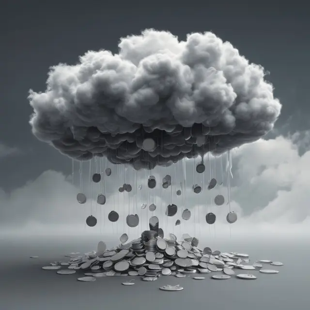 Undercast raincloud releasing silver coins to represent missed investment opportunities